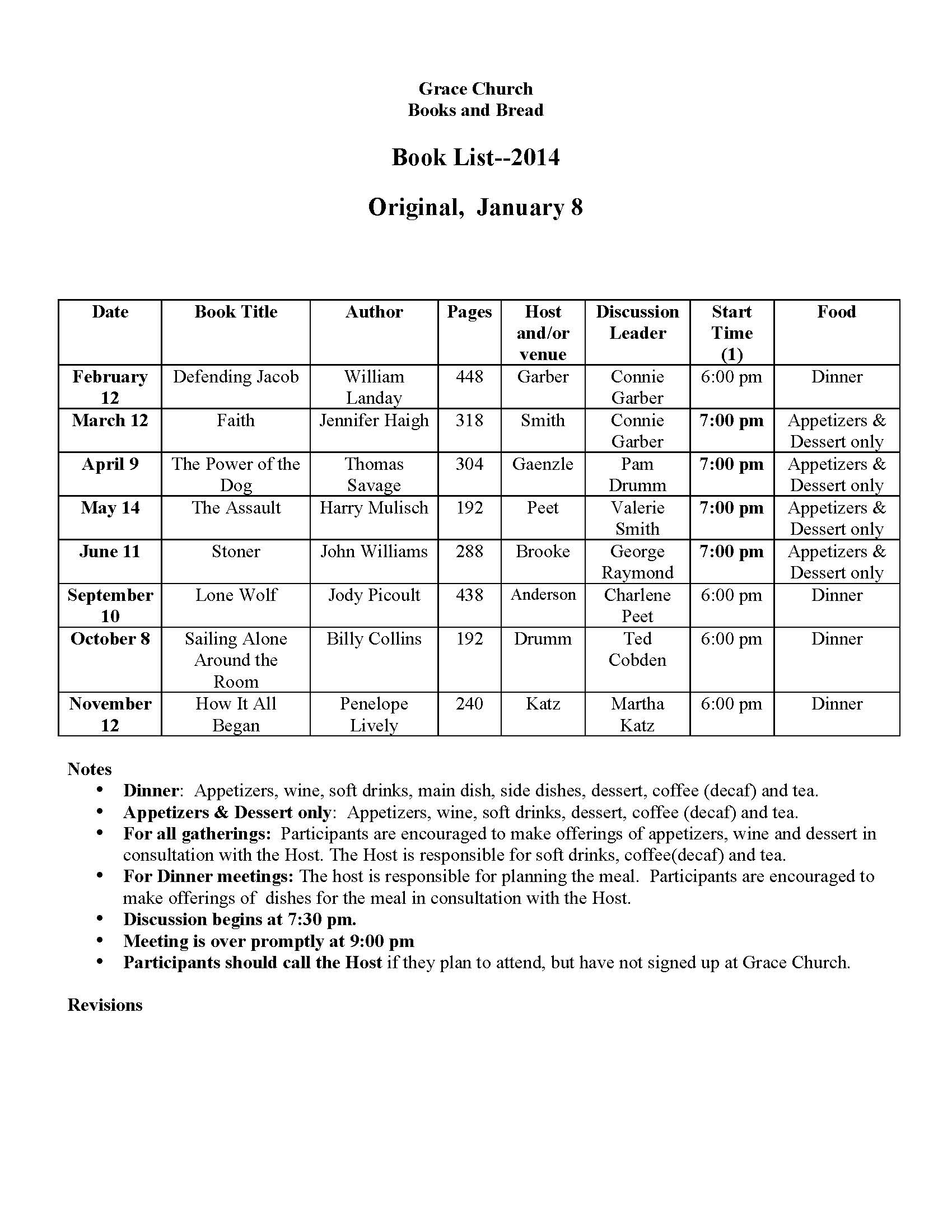 Books and Bread 2014 Schedule